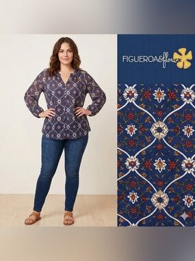 024-Anthropologie Figueroa & Flower Navy Blue Floral Sheer Flowy Top Pit 23 Boho